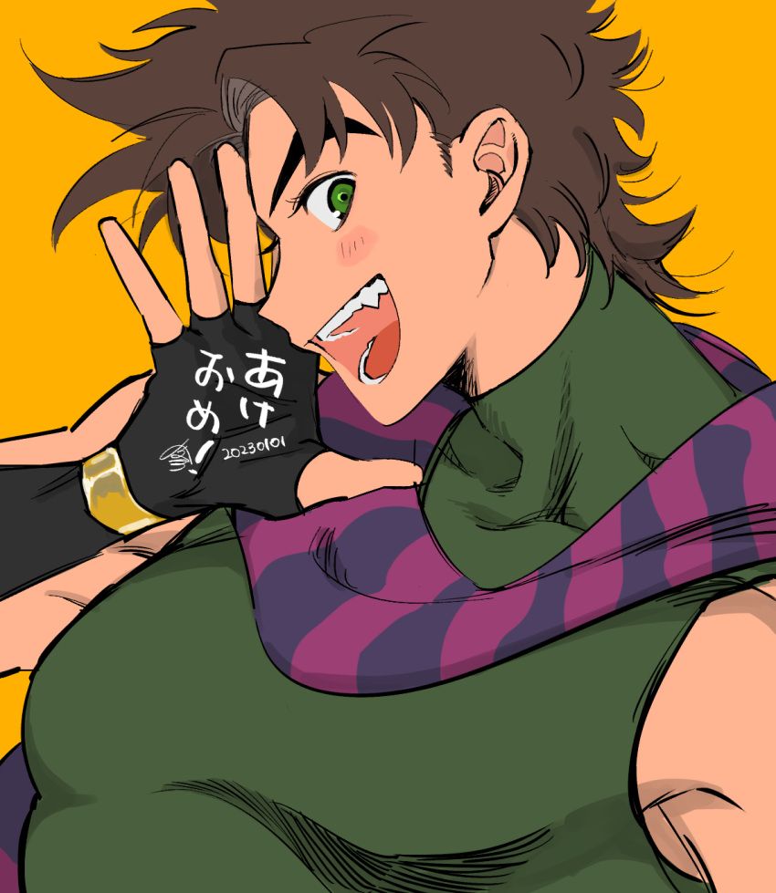 1boy :d battle_tendency blush brown_hair carota327 fang fingerless_gloves gloves green_eyes highres jojo_no_kimyou_na_bouken joseph_joestar joseph_joestar_(young) male_focus multicolored_clothes multicolored_scarf open_mouth pectorals pink_scarf purple_scarf scarf shirt sleeveless sleeveless_turtleneck smile solo striped striped_scarf tight tight_shirt tight_top turtleneck vertical-striped_scarf vertical_stripes