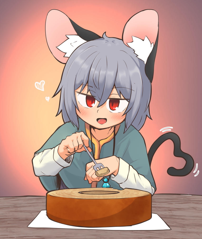1girl absurdres animal_ear_fluff animal_ears baumkuchen blue_capelet blush cake capelet commentary_request food fork greenpiecerice grey_hair hair_between_eyes heart heart_tail highres holding holding_fork jewelry long_bangs long_sleeves looking_at_viewer mouse_ears mouse_girl mouse_tail nazrin pendant red_eyes shirt short_hair smile solo table tail touhou upper_body white_shirt