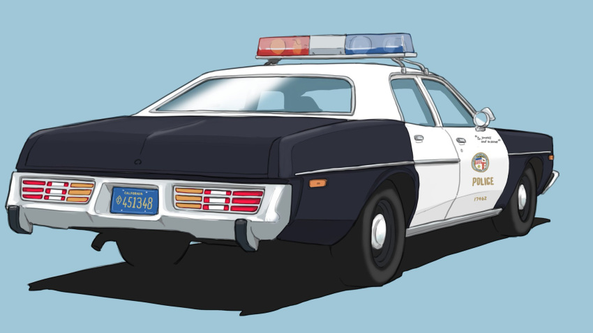 blue_background car english_text from_behind highres license_plate motor_vehicle no_humans omochi_(ricecake9322) original police_car shadow simple_background vehicle_focus vehicle_request