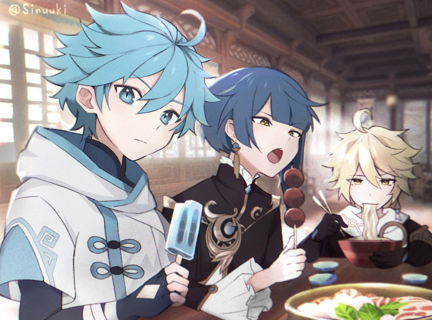 3boys aether_(genshin_impact) ahoge asymmetrical_bangs bishounen black_gloves blonde_hair blue_eyes blue_hair braid chinese_clothes chongyun_(genshin_impact) closed_mouth earrings eating english_commentary fingerless_gloves food food_focus frilled_shirt_collar frilled_sleeves frills genshin_impact gloves hair_between_eyes highres holding indoors jewelry light_blue_hair long_coat long_sleeves looking_at_viewer male_child male_focus meatball medium_hair mouth_hold multiple_boys noodles open_mouth popsicle restaurant short_hair single_braid single_earring sinuuki tassel tassel_earrings teeth upper_teeth_only xingqiu_(genshin_impact) yellow_eyes
