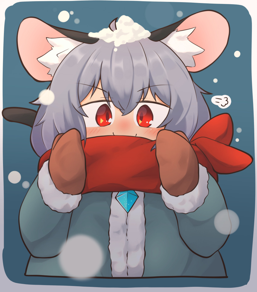1girl absurdres animal_ear_fluff animal_ears blue_background blush border brown_mittens closed_mouth coat commentary_request crystal fur_coat green_coat greenpiecerice grey_hair hair_between_eyes highres jewelry long_bangs long_sleeves looking_at_viewer mittens mouse_ears mouse_girl mouse_tail nazrin pendant red_eyes red_scarf scarf short_hair smile snow_on_head snowing solo tail touhou upper_body v-shaped_eyebrows white_border