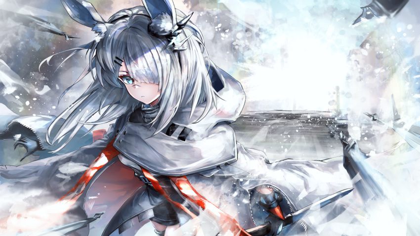1girl animal_ear_fluff animal_ears arknights black_gloves black_skirt blue_eyes closed_mouth commentary_request day frostnova_(arknights) gloves grey_hair grey_jacket hair_ornament hair_over_one_eye hairclip highres holding jacket long_hair long_sleeves on_(yattemasu) outdoors rabbit_ears skirt solo wide_sleeves