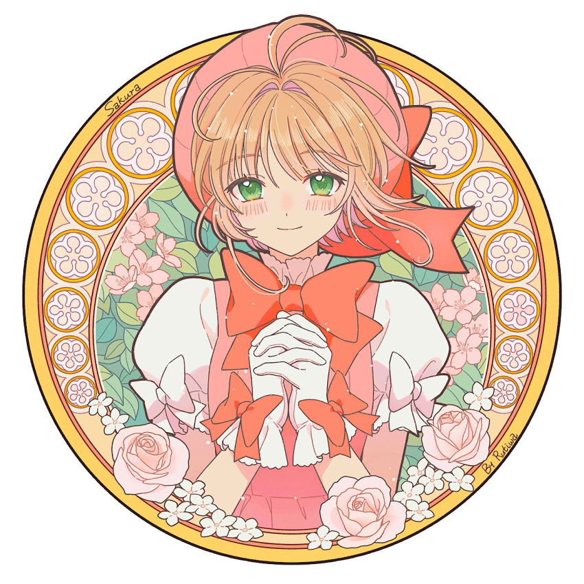1girl artist_name blush bow cardcaptor_sakura character_name commentary female_child flower hands_up highres kinomoto_sakura magical_girl outside_border own_hands_clasped own_hands_together pink_flower pink_headwear pink_rose puffy_short_sleeves puffy_sleeves red_bow rose round_image rutiwa short_sleeves smile solo symbol-only_commentary white_flower