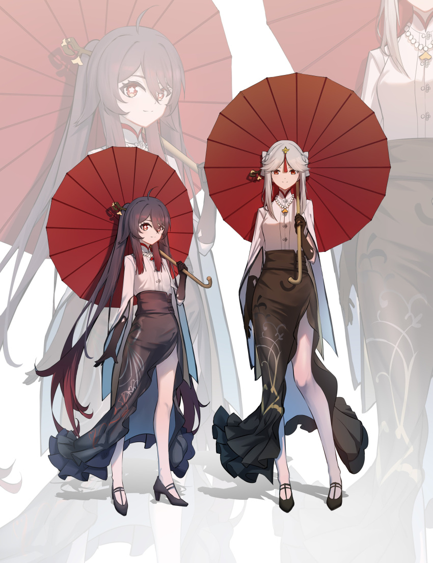 2girls absurdres ahoge brown_hair cosplay flower-shaped_pupils full_body genshin_impact hair_ornament highres hu_tao_(genshin_impact) long_hair looking_at_viewer multiple_girls ningguang_(genshin_impact) ningguang_(genshin_impact)_(cosplay) ningguang_(pizza_hut)_(genshin_impact) oil-paper_umbrella qixia red_eyes simple_background symbol-shaped_pupils thighs umbrella white_background white_hair