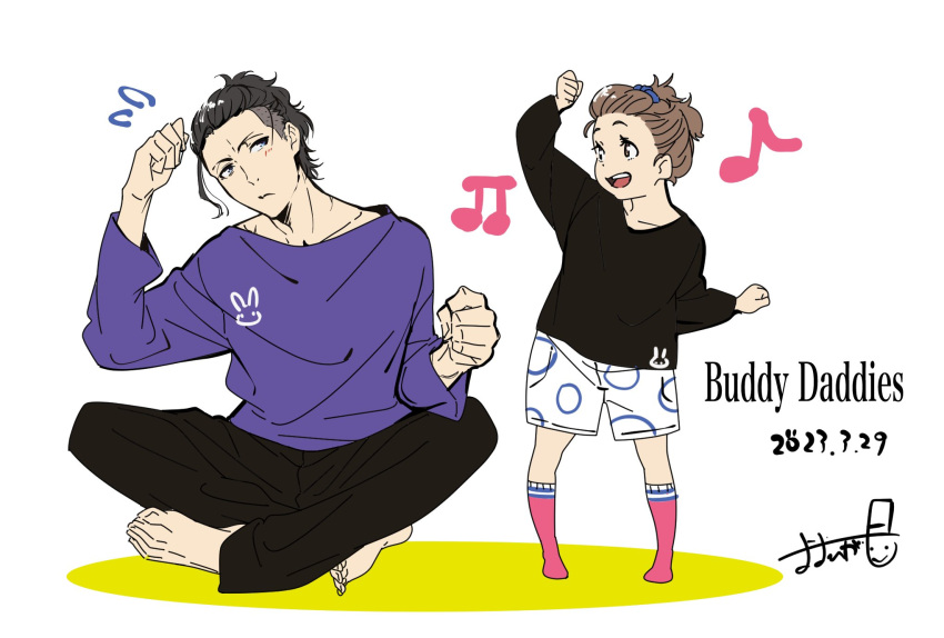 1boy 1girl :d arm_up beamed_eighth_notes black_hair black_pants black_shirt brown_eyes buddy_daddies child clenched_hand crossed_legs dancing dated hair_tie hair_up highres musical_note oohigashi_yurie pants pink_socks purple_shirt shirt shorts signature simple_background sitting sketch smile socks suwa_rei unasaka_miri white_background white_shorts
