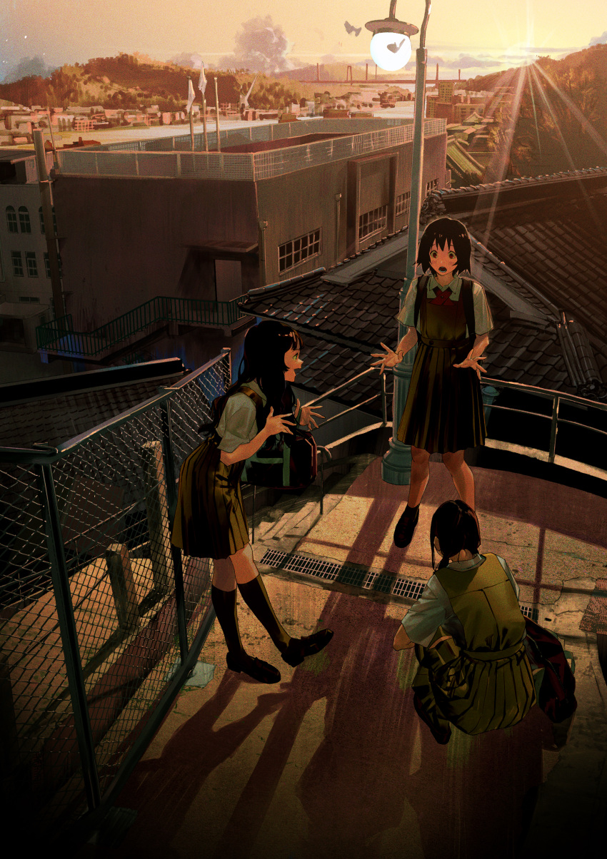 3girls :o absurdres backpack bag black_hair black_skirt building chain-link_fence clouds duffel_bag evening fence hands_up highres kento_matsuura kneehighs lamppost light_blush long_hair multiple_girls open_mouth orange_sky original pleated_skirt railing scenery school_uniform shadow shirt short_hair skirt sky socks squatting stairs standing sunset white_shirt