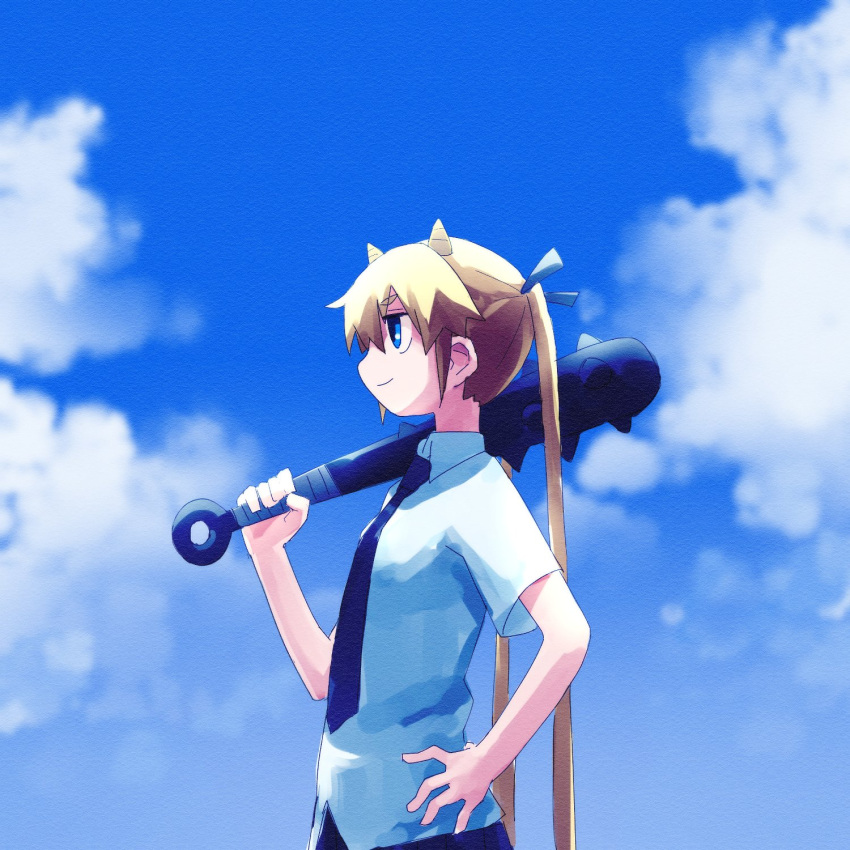 1girl blonde_hair blue_eyes clouds club_(weapon) day from_side hair_ribbon hand_on_own_hip highres holding holding_weapon horns kill_me_baby long_hair necktie oni_horns outdoors over_shoulder profile ribbon setsubun shirt short_sleeves sky smile solo sonya_(kill_me_baby) spiked_club twintails very_long_hair weapon weapon_over_shoulder white_shirt yachima_tana
