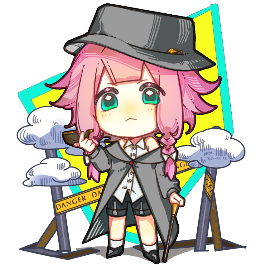 1girl :&lt; arknights artist_name bare_shoulders black_headwear black_shorts bow braid cane caution_tape chibi dated green_eyes hair_bow highres holding holding_cane holding_smoking_pipe may_(arknights) off-shoulder_coat off_shoulder pink_hair rryy shirt short_hair_with_long_locks shorts sleeveless sleeveless_shirt smoking_pipe solo trench_coat twin_braids white_bow white_shirt