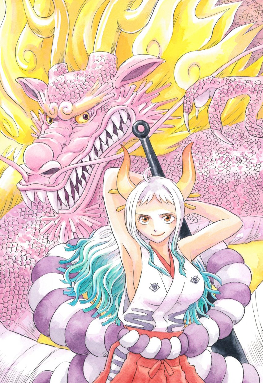 1boy 1girl absurdres aoya_miu closed_mouth club_(weapon) dragon highres horns japanese_clothes kanabou long_hair momonosuke_(one_piece) multicolored_hair one_piece oni oni_horns smile weapon yamato_(one_piece)