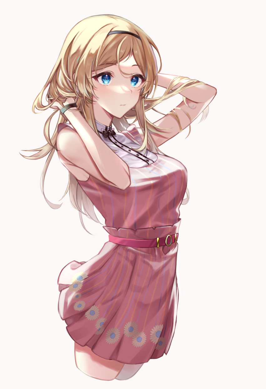 1girl arm_up bare_arms bare_shoulders belt black_bow black_bowtie black_hairband blonde_hair blue_eyes bow bowtie breasts buttons closed_mouth commentary cowboy_shot cropped_legs floral_print hair_lift hairband hand_in_own_hair hand_up high-waist_skirt highres idolmaster idolmaster_million_live! long_hair looking_away m1ya_p medium_breasts miniskirt o-ring o-ring_belt parted_bangs pink_background pink_belt pink_shirt pink_skirt pleated_skirt print_skirt shinomiya_karen shirt simple_background skirt skirt_set sleeveless sleeveless_shirt solo standing striped striped_shirt striped_skirt two-tone_shirt vertical-striped_shirt vertical-striped_skirt vertical_stripes white_shirt wristband