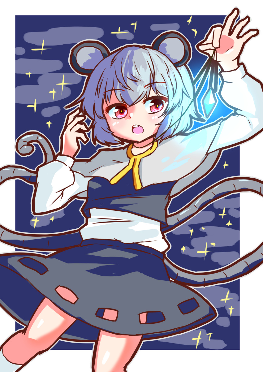 1girl absurdres animal_ears blush border capelet commentary_request crystal feet_out_of_frame flat_chest grey_hair grey_skirt grey_vest highres jewelry long_sleeves looking_at_viewer medium_bangs mikadukimo mouse_ears mouse_girl mouse_tail nazrin open_mouth outline outside_border pendant red_eyes round_teeth shirt short_hair skirt skirt_set solo tail teeth touhou upper_teeth_only vest white_border white_capelet white_outline white_shirt