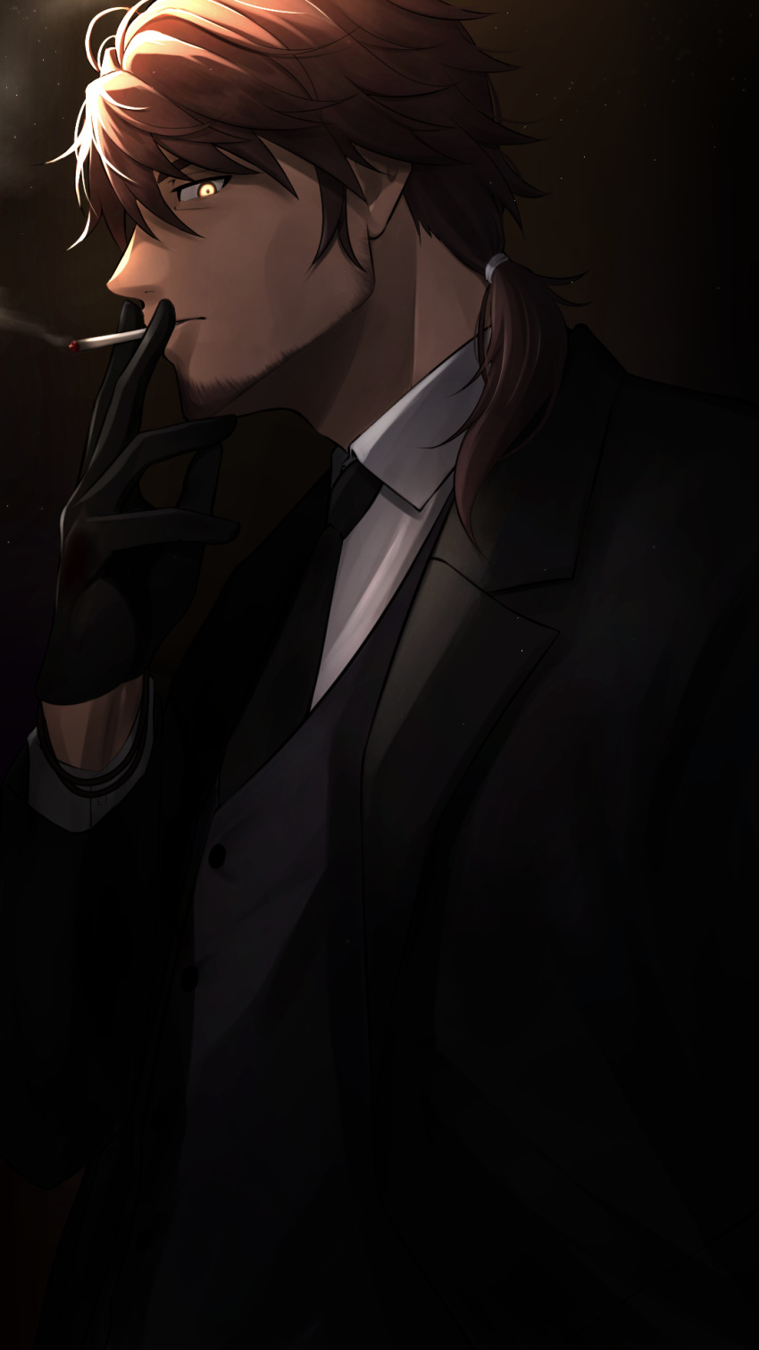 1boy belmond_banderas between_fingers black_gloves black_jacket black_necktie brown_hair choco_(chocovix112) cigarette closed_mouth collared_shirt from_side gloves grey_vest hair_between_eyes hair_over_shoulder highres holding holding_cigarette jacket long_hair long_sleeves looking_at_viewer looking_to_the_side low_ponytail male_focus mouth_hold necktie nijisanji ponytail shirt smoke smoking solo vest virtual_youtuber white_shirt yellow_eyes