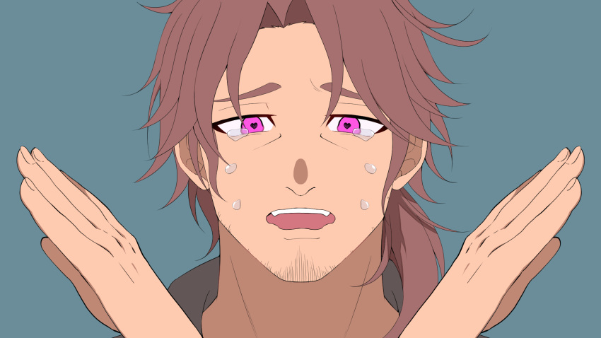 1boy belmond_banderas black_shirt brown_hair choco_(chocovix112) collared_shirt crying crying_with_eyes_open eyebrows_hidden_by_hair facial_hair grey_background hands_up heart heart-shaped_pupils highres looking_at_viewer male_focus nijisanji open_mouth parted_bangs portrait shirt simple_background solo stubble symbol-shaped_pupils tears teeth thick_eyebrows upper_teeth_only violet_eyes virtual_youtuber wavy_mouth