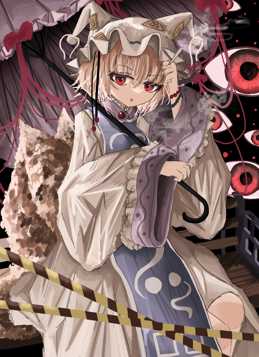 1girl absurdres blonde_hair bow caution_tape cigarette commentary dress fox_tail gap_(touhou) highres holding holding_cigarette holding_umbrella long_sleeves looking_at_viewer multiple_tails open_mouth ougiikun red_bow red_eyes short_hair solo symbol-only_commentary tabard tail touhou umbrella white_dress white_headwear wide_sleeves yakumo_ran