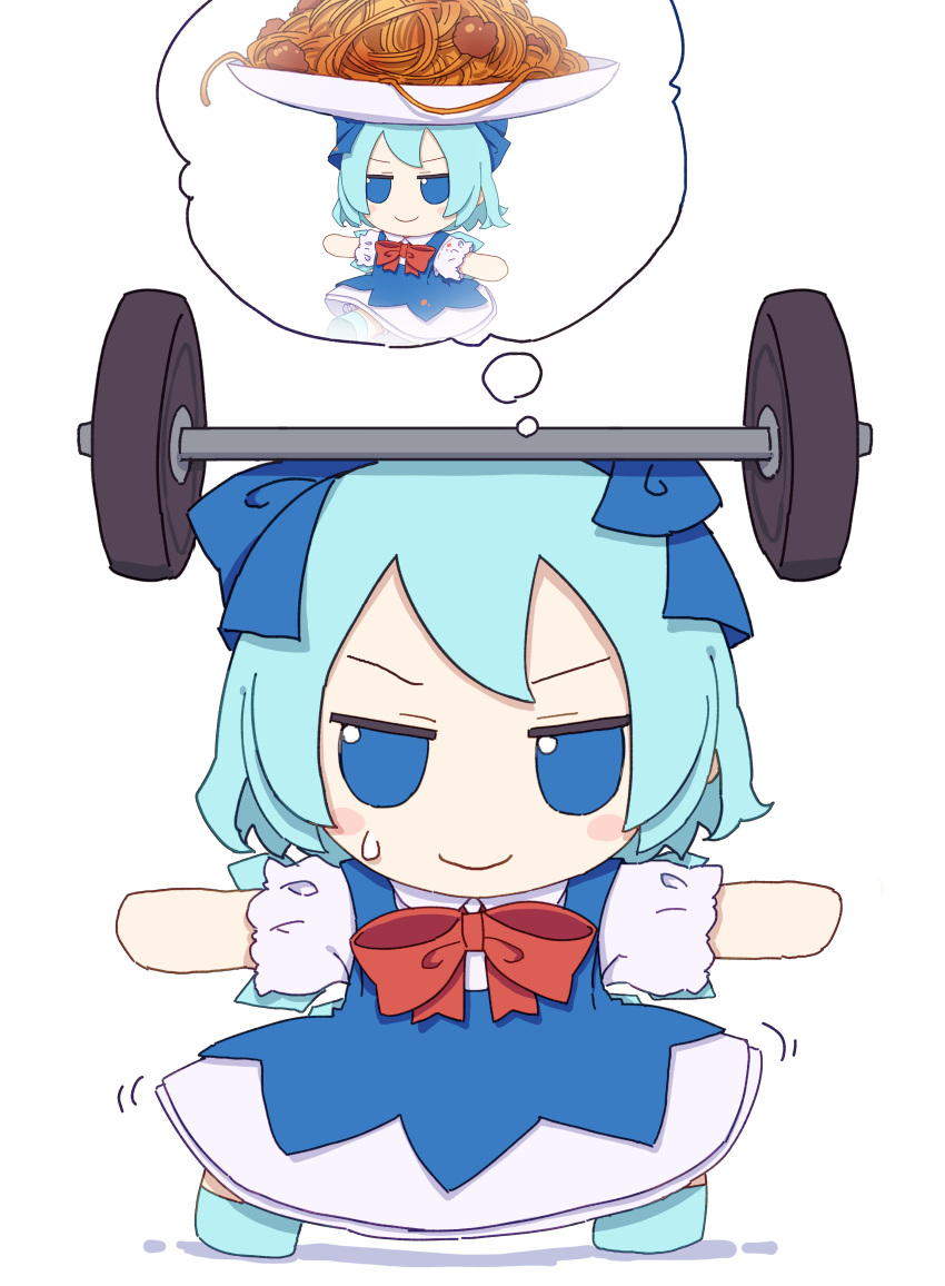1girl absurdres barbell blue_bow blue_dress blue_eyes blue_footwear blue_hair blush_stickers bow cirno closed_mouth collared_shirt dress fairy food full_body fumo_(doll) hair_between_eyes hair_bow highres ice ice_wings kame_(kamepan44231) meatball motion_lines outstretched_arms pasta shirt shoes short_hair short_sleeves simple_background solo spread_arms standing touhou white_background white_shirt wings