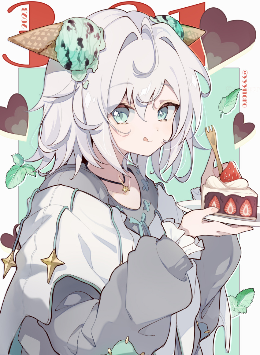 1girl :q blue_eyes cake cake_slice captain_yue character_request closed_mouth food food-themed_hair_ornament green_background grey_hair grey_sweater hair_between_eyes hair_ornament heart highres holding holding_plate holding_spork ice_cream_hair_ornament long_sleeves looking_at_viewer nijisanji plate puffy_long_sleeves puffy_sleeves smile solo sweater tongue tongue_out two-tone_background upper_body virtual_youtuber white_background