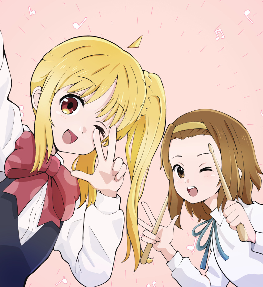 2girls ;d absurdres ahoge blonde_hair blue_ribbon bocchi_the_rock! bow bowtie brown_background brown_eyes brown_hair collared_shirt commentary_request crossover drumsticks fieldpig forehead hairband highres holding holding_drumsticks ijichi_nijika k-on! long_hair long_sleeves looking_at_viewer multiple_girls musical_note neck_ribbon one_eye_closed open_mouth red_bow red_bowtie red_eyes ribbon sakuragaoka_high_school_uniform school_uniform shirt side_ponytail sidelocks simple_background smile tainaka_ritsu teeth upper_body upper_teeth_only v v_over_eye white_shirt winter_uniform yellow_hairband