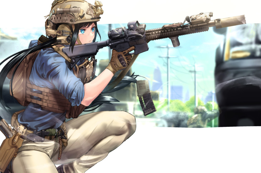1girl black_hair blue_eyes blue_shirt blue_sky blurry blurry_background brown_gloves brown_headwear brown_pants closed_mouth clouds commentary_request commission day depth_of_field gloves gun helmet highres holding holding_gun holding_weapon long_hair looking_away magazine_(weapon) original pants power_lines shirt short_sleeves skeb_commission sky solo squatting utility_pole utsucan1911 very_long_hair weapon weapon_request