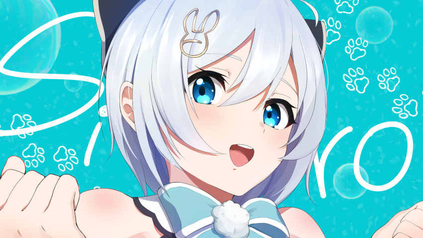1girl :d ahoge bare_shoulders black_bow blue_background blue_bow blue_eyes bow character_name choco_(chocovix112) commentary_request dennou_shoujo_youtuber_siro grey_hair hair_between_eyes hair_bow hair_ornament hands_up highres looking_at_viewer paw_print paw_print_background portrait rabbit_hair_ornament simple_background siro_(dennou_shoujo_youtuber_siro) smile solo teeth upper_teeth_only virtual_youtuber