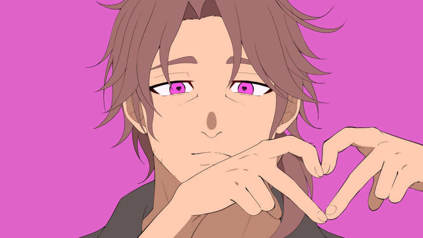 1boy belmond_banderas black_shirt brown_hair choco_(chocovix112) closed_mouth collared_shirt eyebrows_hidden_by_hair facial_hair heart heart-shaped_pupils heart_hands highres looking_at_viewer male_focus nijisanji parted_bangs portrait purple_background shirt simple_background solo stubble symbol-shaped_pupils thick_eyebrows violet_eyes virtual_youtuber
