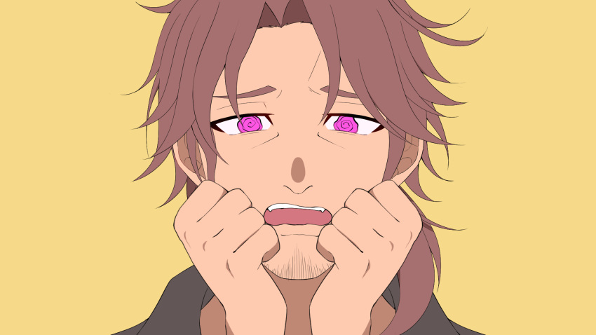 1boy @_@ belmond_banderas black_shirt brown_hair choco_(chocovix112) collared_shirt eyebrows_hidden_by_hair facial_hair fangs hands_up highres male_focus nijisanji open_mouth parted_bangs portrait shirt solo stubble teeth thick_eyebrows upper_teeth_only violet_eyes virtual_youtuber wavy_mouth yellow_background