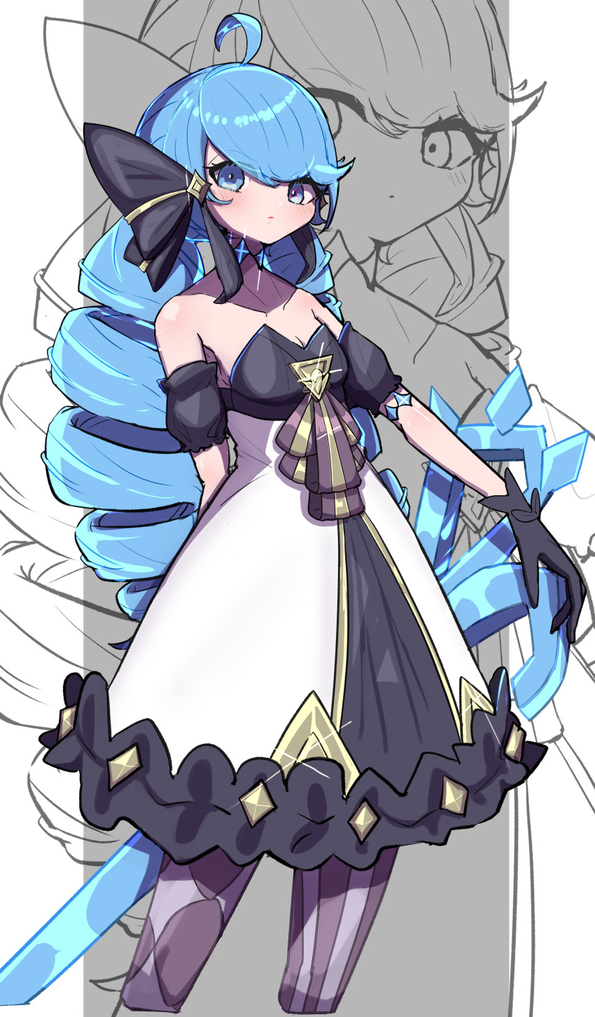 1girl absurdres ahoge bare_shoulders black_bow black_dress black_gloves blue_hair bow breasts collarbone dress drill_hair frilled_dress frills gloves green_hair grey_background gwen_(league_of_legends) hair_bow highres holding holding_scissors league_of_legends long_hair looking_at_viewer monakan_japan oversized_object pantyhose scissors small_breasts solo striped striped_pantyhose swept_bangs twin_drills twintails white_background