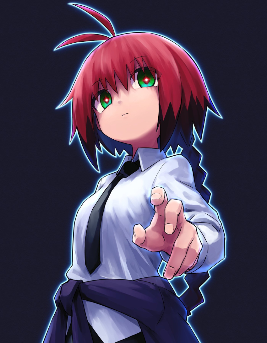 1girl antenna_hair black_background black_hair black_necktie braid breasts clothes_around_waist collared_shirt green_eyes hair_between_eyes highres kill_me_baby long_sleeves looking_at_viewer multicolored_hair necktie outline red_pupils redhead shirt simple_background single_braid solo unused_character_(kill_me_baby) upper_body white_shirt yachima_tana