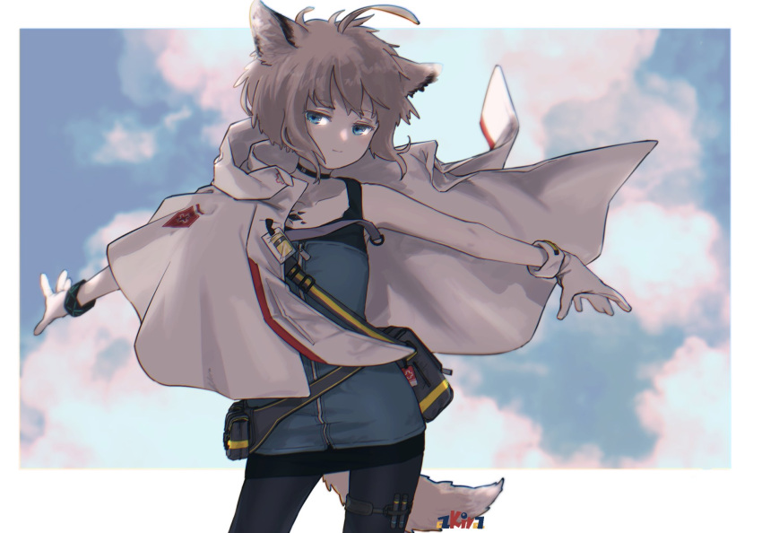 1girl ahoge animal_ears arknights artist_name bag black_choker black_pantyhose black_skirt blue_eyes blue_sky border bracelet choker chromatic_aberration closed_mouth clouds cloudy_sky collarbone commentary contrapposto cowboy_shot cross fanny_pack floating_hair fox_ears fox_girl fox_tail gloves half-closed_eyes highres hood hood_down hooded_jacket infection_monitor_(arknights) jacket jacket_on_shoulders jewelry light_blush light_smile looking_at_viewer miniskirt niwatori_(akira_207) oripathy_lesion_(arknights) outside_border outstretched_arms pantyhose red_cross shirt short_hair shoulder_bag skirt sky sleeveless sleeveless_shirt solo spaghetti_strap spread_arms sussurro_(arknights) tail thigh_strap white_border white_gloves white_jacket wind zipper