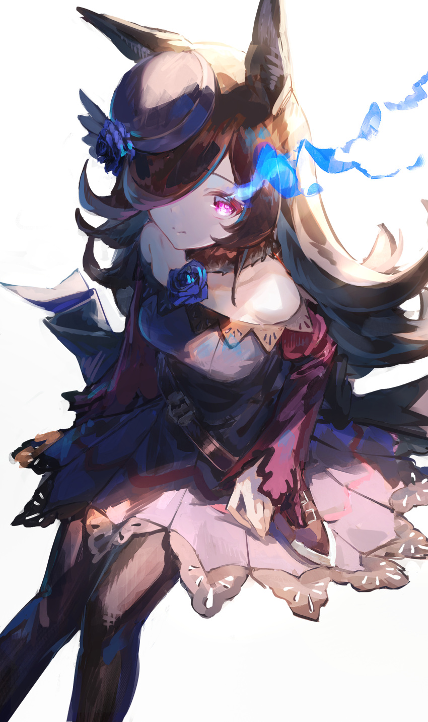 1girl absurdres black_hair black_thighhighs blue_dress blue_flower blue_headwear blue_rose bow commentary dagger dress dress_bow feet_out_of_frame flower from_above fur_collar hair_over_one_eye hat hat_flower highres horse_girl knife long_hair looking_at_viewer looking_up off-shoulder_dress off_shoulder rice_shower_(umamusume) rose scabbard sheath sheathed short_dress simple_background smile solo thigh-highs tilted_headwear umamusume violet_eyes weapon white_background yu_hydra