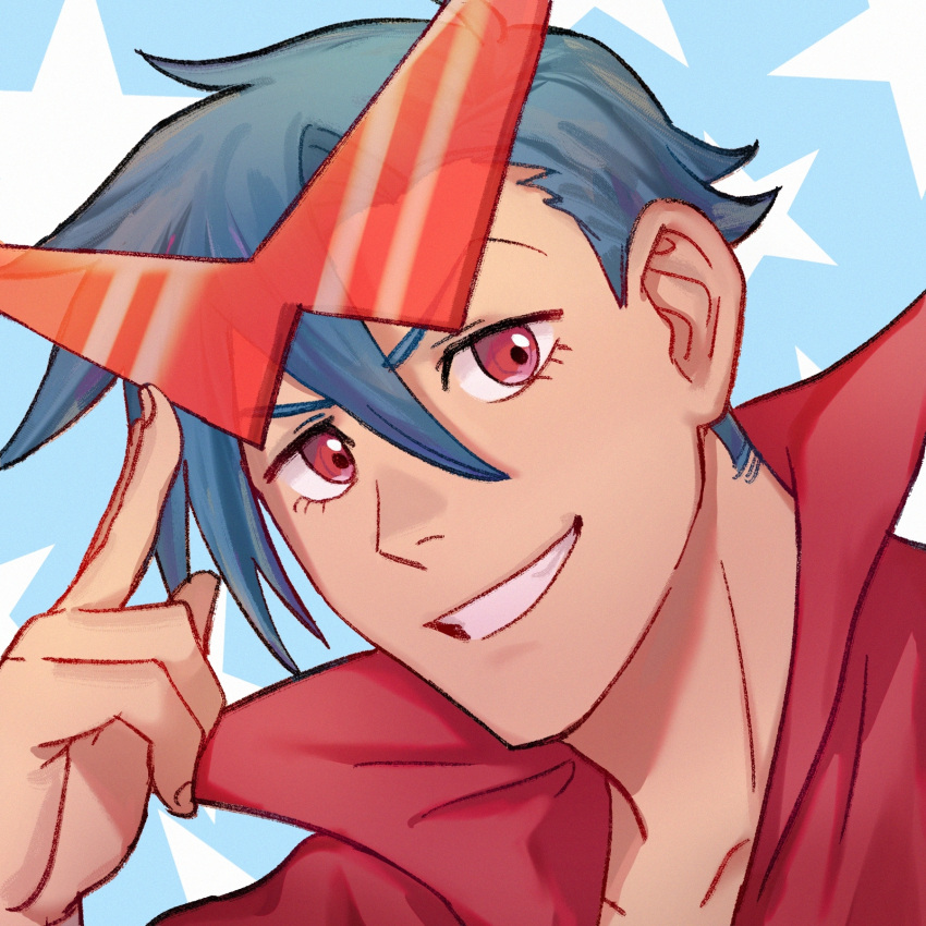 1boy 2608337875 adjusting_eyewear blue_hair cape eyewear_on_head grin highres kamina_(ttgl) kamina_shades male_focus red_cape red_eyes smile solo tengen_toppa_gurren_lagann