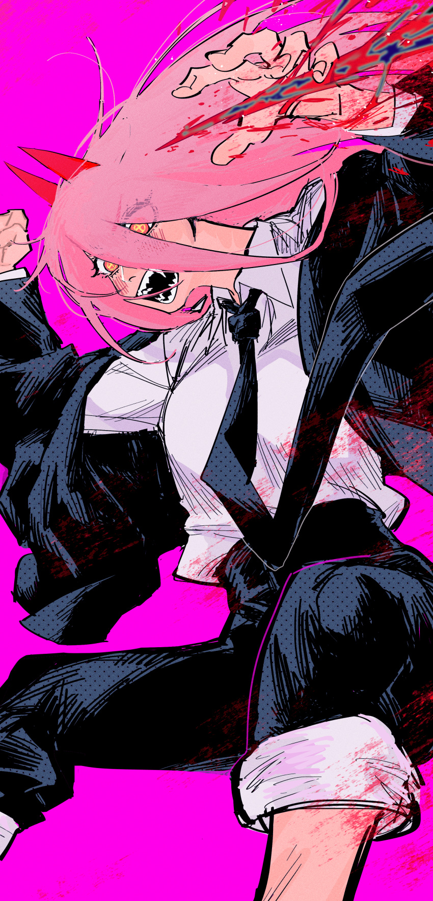 1girl absurdres black_necktie blood carota327 chainsaw_man collared_shirt cross-shaped_pupils demon_horns falling hair_between_eyes highres horns long_hair necktie open_mouth pink_background pink_hair power_(chainsaw_man) red_horns sharp_teeth shirt solo symbol-shaped_pupils teeth white_shirt yellow_eyes