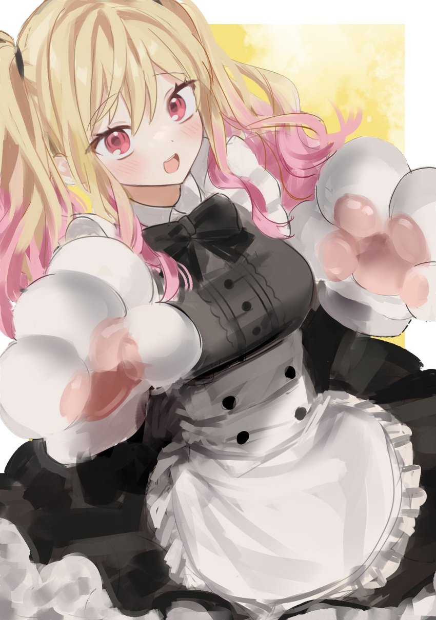 1girl animal_hands apron black_bow black_bowtie black_dress blonde_hair blush bow bowtie buttons center_frills colored_tips double-breasted dress frills gloves gradient_hair gyo12121 highres multicolored_hair open_mouth paw_gloves pink_hair project_sekai smile solo tenma_saki twintails white_apron white_gloves