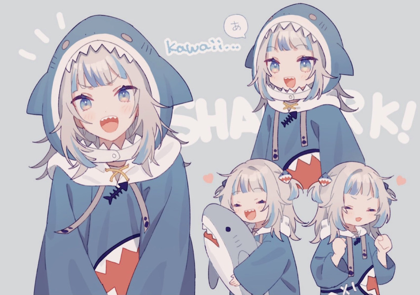 1girl :d a_(phrase) blue_eyes blue_hair blue_hoodie clenched_teeth commentary drawstring gawr_gura happy hololive hololive_english hood hoodie long_sleeves moo_n_moko multicolored_hair multiple_views notice_lines open_mouth shark_print sharp_teeth smile speech_bubble streaked_hair stuffed_animal stuffed_shark stuffed_toy teeth teeth_print two_side_up virtual_youtuber white_hair