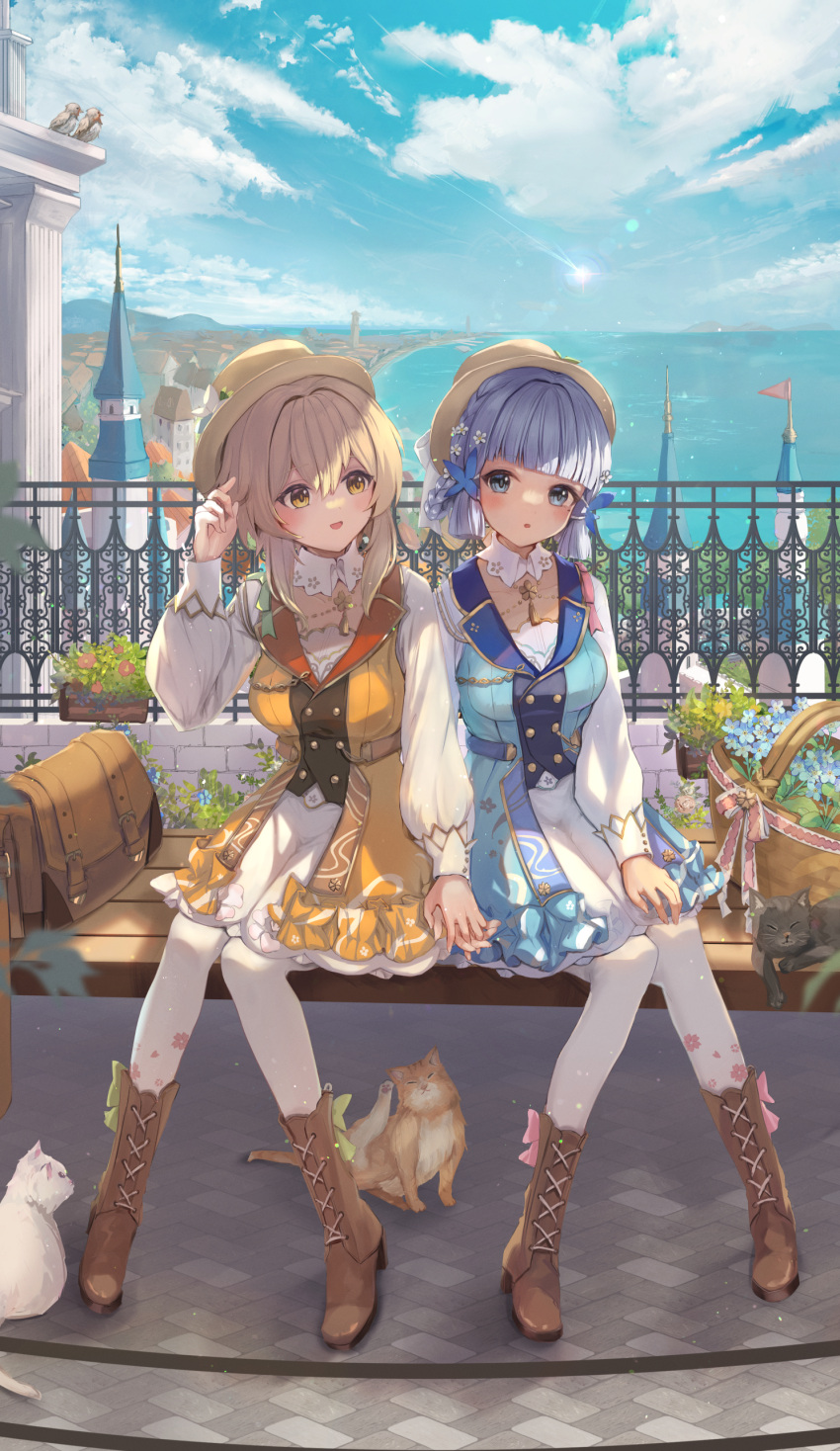 2girls absurdres alternate_costume blonde_hair blue_dress blue_eyes blue_hair blunt_bangs blush boots breasts brown_footwear building butterfly_hair_ornament cat chestnut_mouth clouds cloudy_sky cosplay cross-laced_footwear dress flower genshin_impact hair_flower hair_ornament hat highres holding_hands interlocked_fingers itone_114 kamisato_ayaka kamisato_ayaka_(cosplay) kamisato_ayaka_(springbloom_missive) long_sleeves looking_at_another lumine_(genshin_impact) matching_outfit medium_breasts mole mole_under_eye multiple_girls official_alternate_costume open_mouth outdoors pantyhose short_hair sidelocks sitting_on_bench sky smile white_pantyhose yellow_dress yellow_eyes yellow_headwear yuri