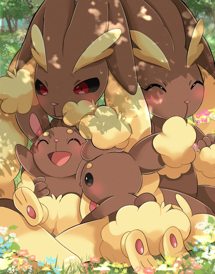 ajiwo blush buneary closed_eyes evolutionary_line flower grass highres lopunny no_humans open_mouth outdoors pokemon pokemon_(creature) sitting