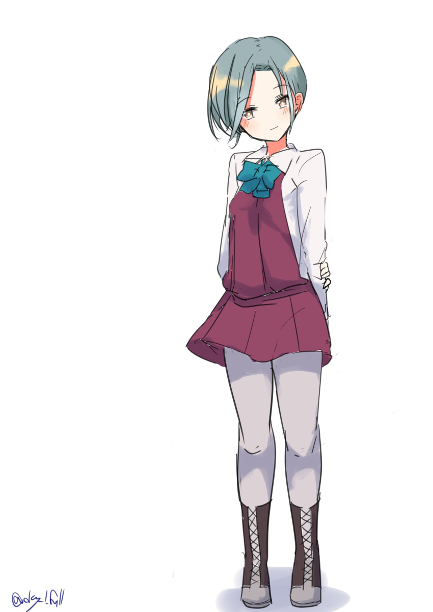 1girl absurdres aqua_bow aqua_bowtie arms_behind_back boots bow bowtie collared_shirt cross-laced_footwear dress dress_shirt forehead full_body grey_hair grey_pantyhose halter_dress halterneck highres kantai_collection lace-up_boots one-hour_drawing_challenge pantyhose purple_dress robinson_(day_l_full) school_uniform shirt short_hair simple_background smile solo swept_bangs tamanami_(kancolle) white_background white_shirt yellow_eyes