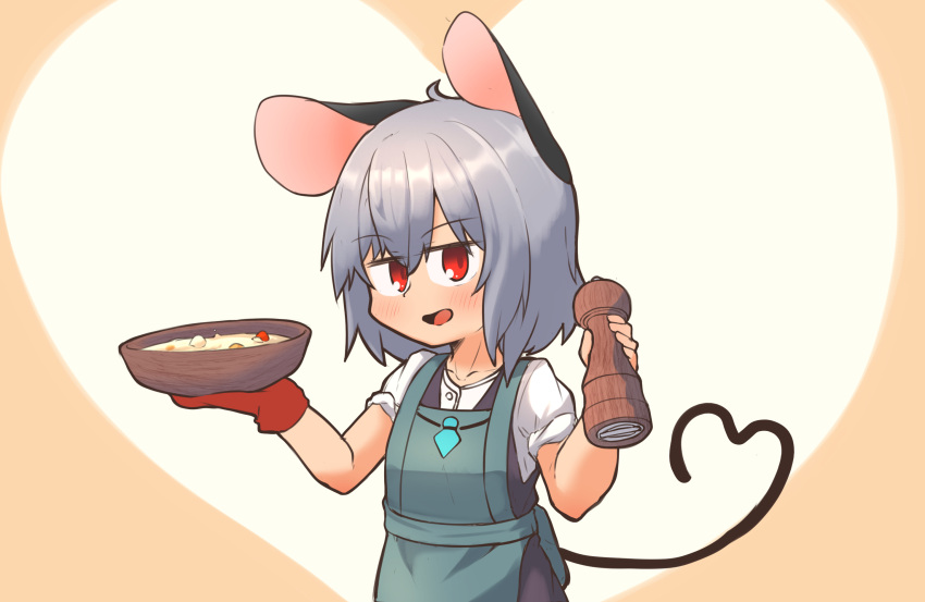 1girl ahoge animal_ears apron blush bowl commentary_request cowboy_shot crystal dress flat_chest food green_apron greenpiecerice grey_dress grey_hair hair_between_eyes heart heart_background highres holding holding_bowl jewelry long_bangs looking_at_viewer mittens mouse_ears mouse_girl mouse_tail nazrin open_mouth pendant pepper_mill pinafore_dress red_eyes red_mittens shirt short_hair short_sleeves single_mitten sleeves_rolled_up smile solo soup tail touhou white_shirt