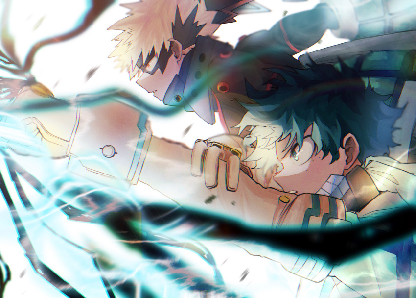 2boys bakugou_katsuki black_mask black_whip_(boku_no_hero_academia) blonde_hair bloom blurry blurry_foreground bodysuit boku_no_hero_academia bright_pupils chromatic_aberration clenched_hand commentary_request electricity eye_mask film_grain flying freckles from_side gloves green_bodysuit green_eyes green_hair hand_on_own_arm hands_up headgear high_collar highres looking_ahead male_focus midair midoriya_izuku multiple_boys outstretched_arm outstretched_arms parted_lips partial_commentary profile red_eyes sanpaku serious short_hair simple_background single_horizontal_stripe spiky_hair tentacles uni_ssansyo upper_body white_background white_gloves white_pupils
