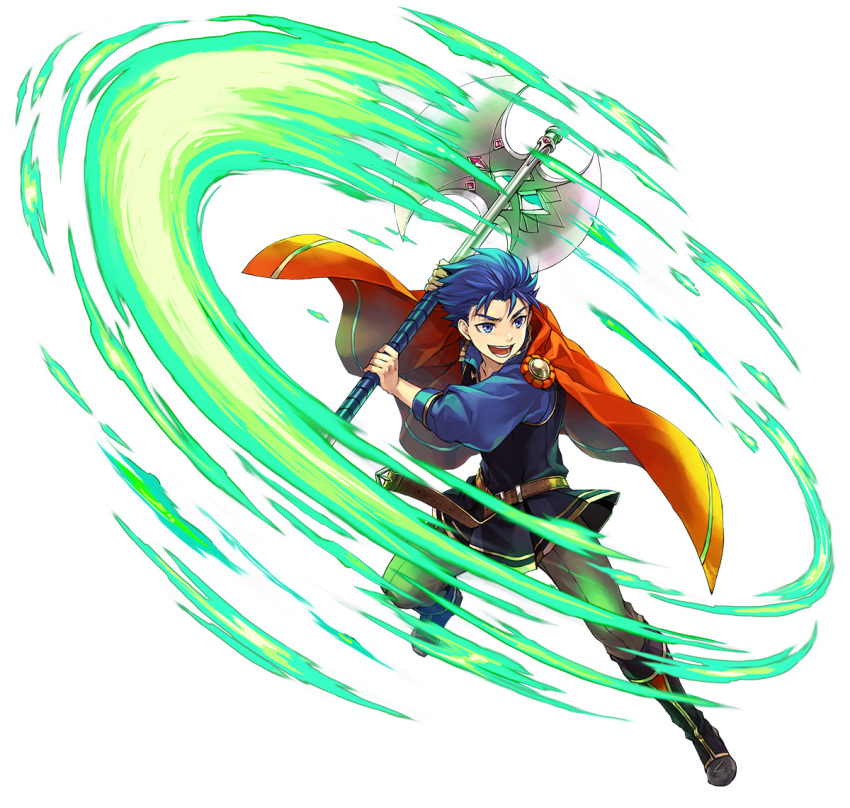 1boy aged_down axe black_footwear brown_pants cape collarbone fire_emblem fire_emblem:_the_blazing_blade fire_emblem_heroes hector_(fire_emblem) holding holding_axe official_alternate_costume official_art open_mouth pants red_cape smile solo swinging teeth