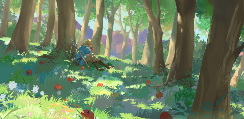 1boy absurdres apple blue_tunic eating food fruit grass highres light_brown_hair link nature ruoruoqiuu scenery short_ponytail sitting solo sword the_legend_of_zelda the_legend_of_zelda:_breath_of_the_wild tree weapon wide_shot