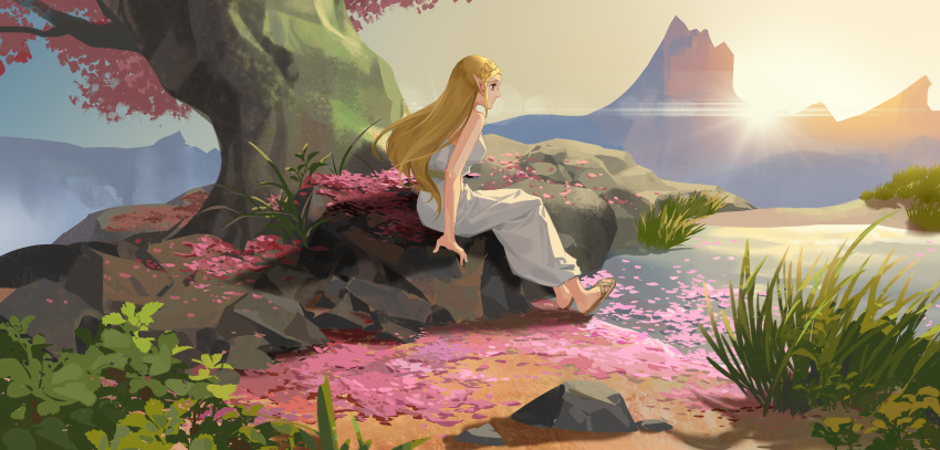 1girl absurdres blonde_hair cherry_blossoms dress gradient_sky highres long_hair nature pointy_ears pond princess_zelda ruoruoqiuu sandals scenery sitting sky solo strapless strapless_dress sun sunset the_legend_of_zelda tree water white_dress wide_shot