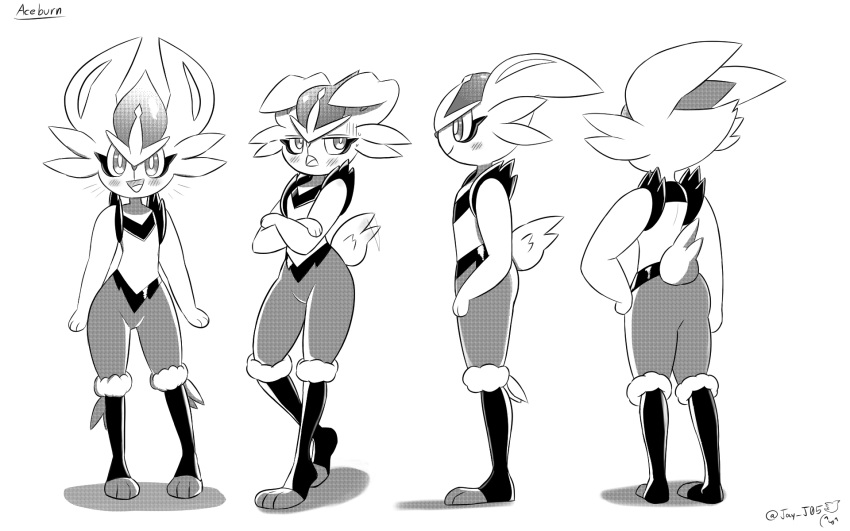 1girl animal_ears animal_feet animal_hands animal_nose arm_at_side arms_at_sides artist_name averting_eyes back ben-day_dots blush body_fur character_name cinderace closed_mouth commentary crossed_arms ears_down english_commentary flat_chest from_side furry furry_female greyscale groin half-closed_eyes hand_on_own_hip happy heel_up highres j.jama looking_at_viewer looking_to_the_side monochrome motion_lines multiple_views nervous notice_lines open_mouth pokemon pokemon_(creature) profile rabbit_ears rabbit_girl rabbit_tail screentones short_hair short_tail sideways_glance signature simple_background smile sweat tail tail_wagging tsundere twitter_username white_background