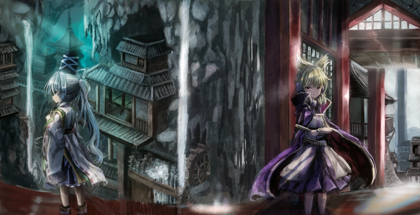 2girls absurdres architecture black_headwear blonde_hair brown_eyes cape cave closed_mouth commentary_request earmuffs east_asian_architecture expressionless feet_out_of_frame grey_hair hat highres japanese_clothes kariginu long_hair long_sleeves looking_afar looking_at_viewer medium_bangs mononobe_no_futo multiple_girls pointy_hair ponytail purple_cape purple_skirt ribbon-trimmed_sleeves ribbon_trim ritual_baton sensi_tobikage short_hair skirt smile stalactite standing tate_eboshi touhou toyosatomimi_no_miko water water_wheel waterfall wide_sleeves