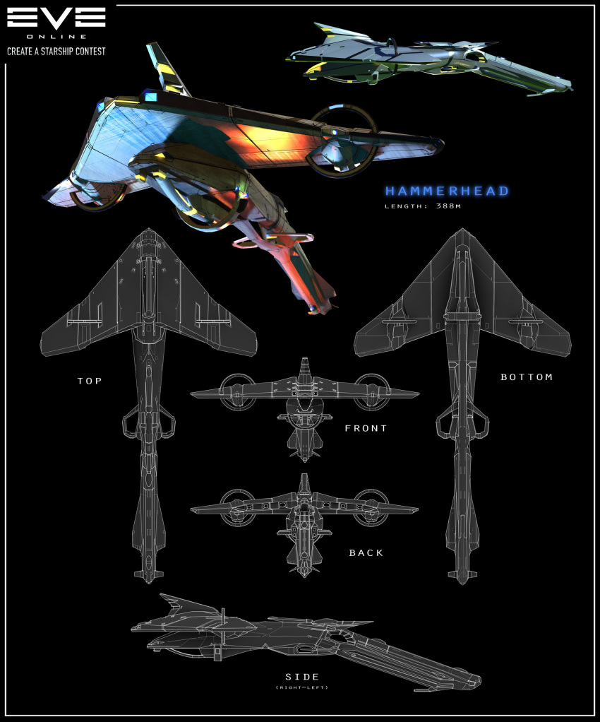 3d absurdres black_background caldari_state_(eve_online) commentary concept_art copyright_name cruiser_(eve_online) eve_online from_above from_behind from_below from_side glint glowing hideyoshi_ruwwe highres logo military military_vehicle multiple_views no_humans original science_fiction spacecraft thrusters