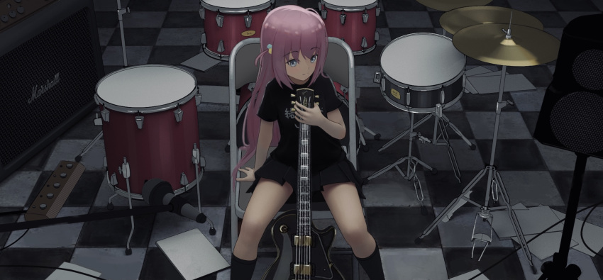 1girl black_shirt black_skirt black_socks blue_eyes bocchi_the_rock! cable cable_tie chair checkered_floor closed_mouth commentary_request cube_hair_ornament drum drum_set gotou_hitori guitar hair_ornament highres holding holding_instrument instrument jax197 kneehighs long_hair microphone one_side_up pink_hair shirt short_sleeves sitting skirt socks solo speaker t-shirt