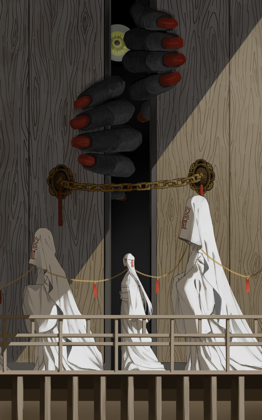 3others absurdres ambiguous_gender black_skin colored_skin giant green_eyes highres horror_(theme) looking_at_viewer monster multiple_others original railing red_nails robe white_robe wooden_door yagate149