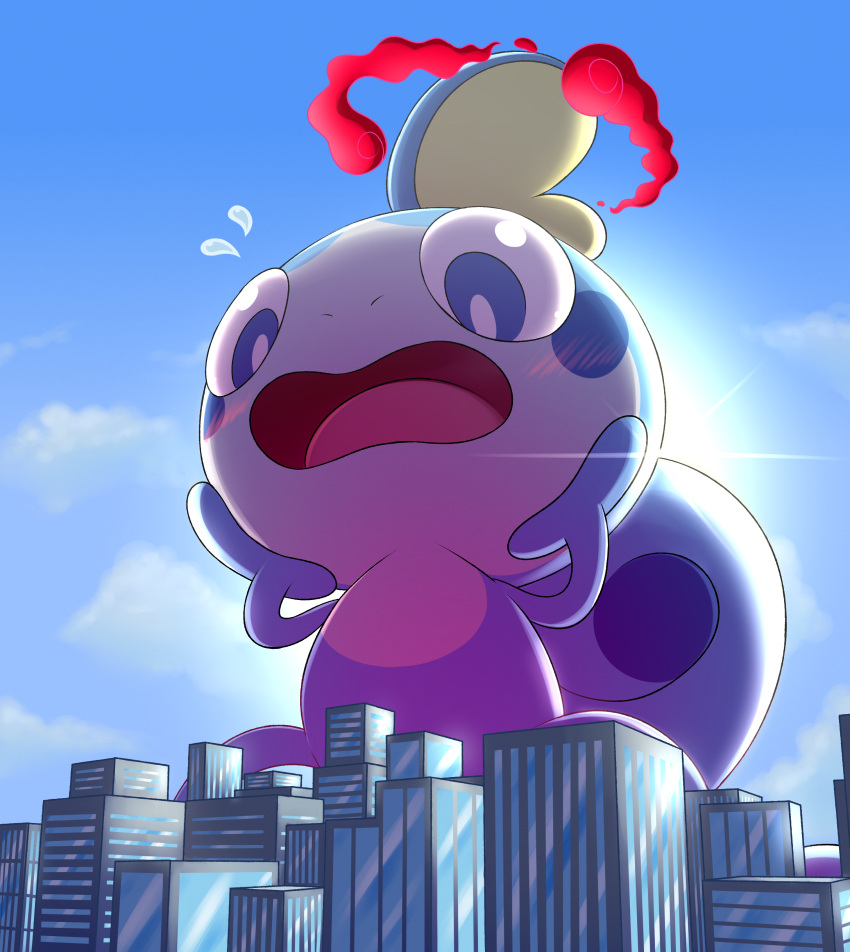 absurdres animal blue_sky blush building city clouds commentary commission dynamax english_commentary giant highres introvertnacho no_humans open_mouth outdoors oversized_animal pokemon pokemon_(creature) sky skyscraper sobble solo