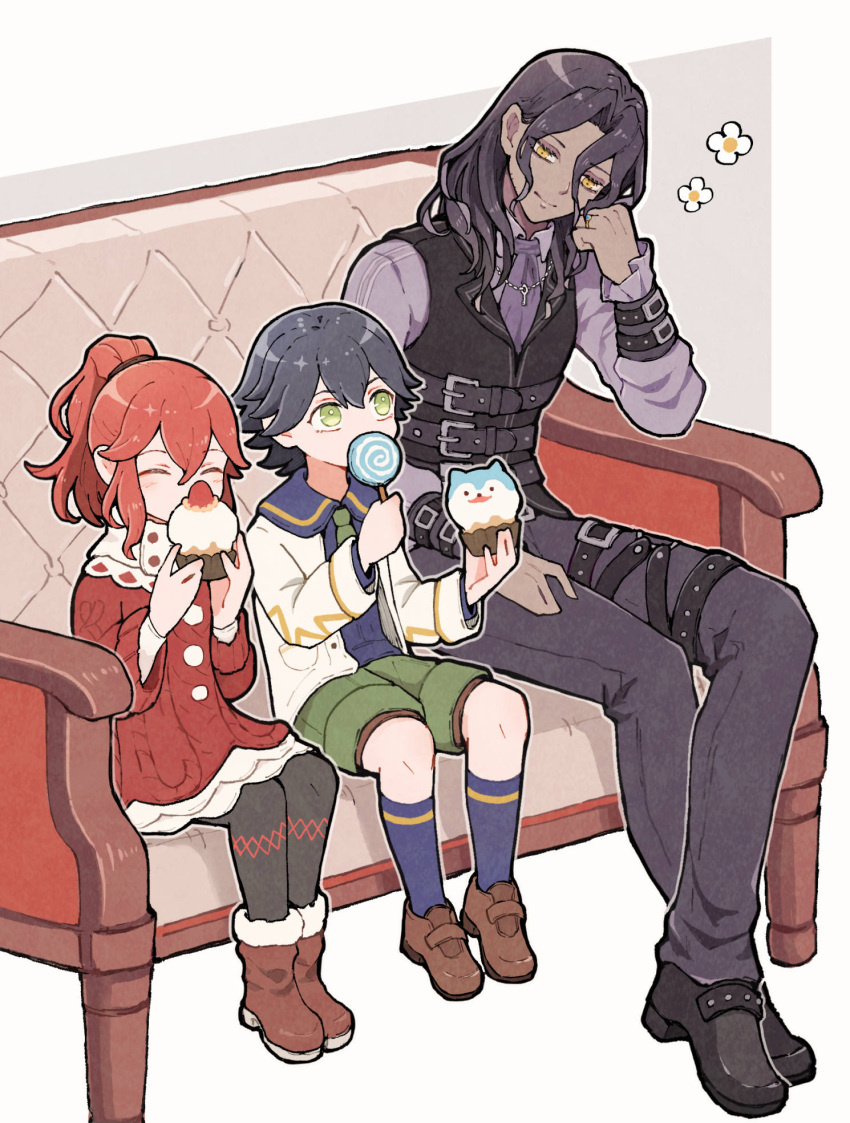 1girl 2boys anna_(fire_emblem) belt black_hair buckle closed_eyes couch dress fire_emblem fire_emblem_engage food full_body green_eyes highres holding holding_food jean_(fire_emblem) kuhaha long_sleeves medium_hair multiple_boys on_couch ponytail red_dress redhead shoes short_hair shorts sitting sweets yellow_eyes zelkov_(fire_emblem)