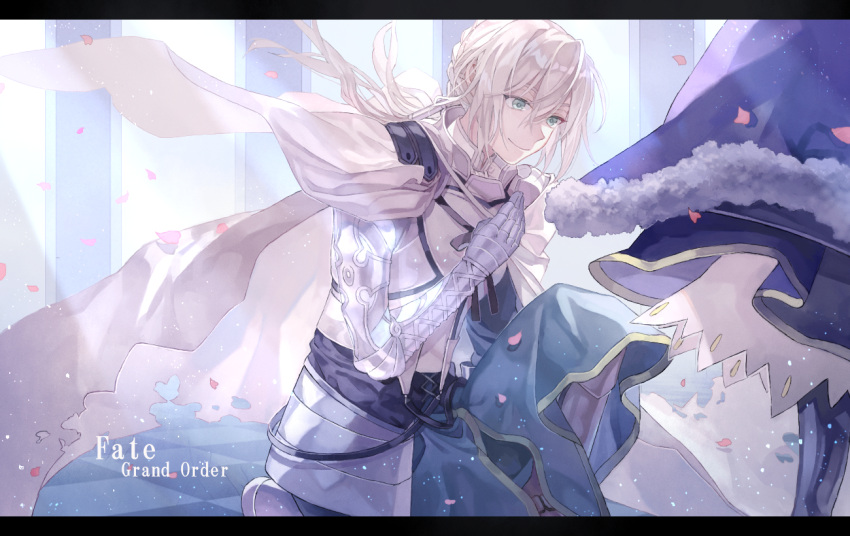 1boy 1girl airgetlam_(fate) armor armored_boots artoria_pendragon_(fate) bedivere_(fate) blue_cape blue_dress boots bowing braid cape checkered_floor copyright_name dress falling_petals fate/grand_order fate_(series) faulds feet_out_of_frame french_braid fur-trimmed_cape fur_trim gauntlets green_eyes green_robe hair_between_eyes hair_tubes hand_on_own_chest kuromamechabita letterboxed light_particles long_hair looking_ahead low_twintails male_focus on_one_knee out_of_frame petals prosthesis prosthetic_arm robe saber smile solo_focus torn_cape torn_clothes twintails white_cape window