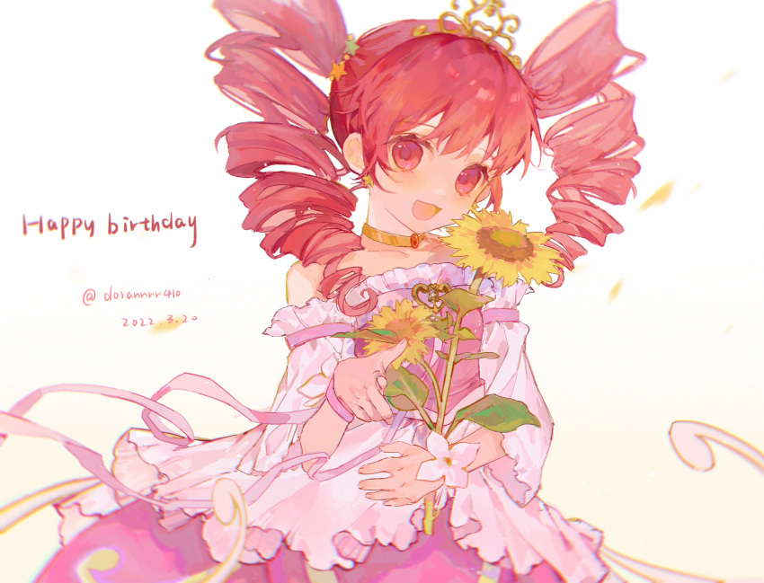 1girl absurdres crown dated dorannnn drill_hair english_text fine_(futagohime) flower fushigiboshi_no_futago_hime happy_birthday highres holding holding_flower long_hair looking_at_viewer open_mouth pink_eyes pink_hair smile solo sunflower twin_drills twintails
